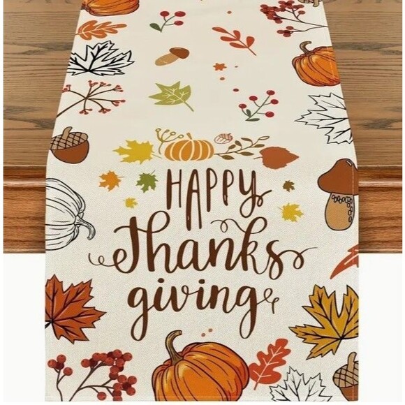 Table Runner 13x72in Woven Polyester Happy Thanksgiving Fall Leaves Pumpkins - Picture 1 of 3